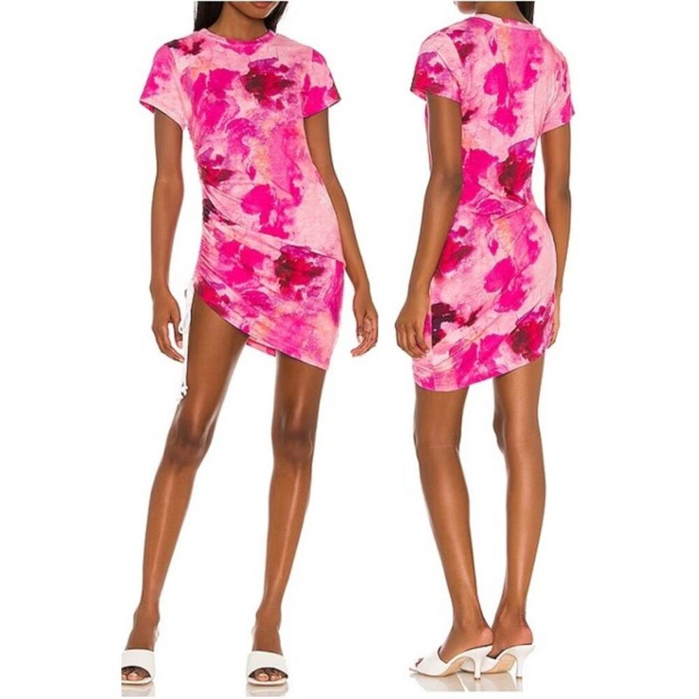 PAM & GELA Side Ruched Mini Dress Pink Floral Shadow Jersey Knit Women's Medium